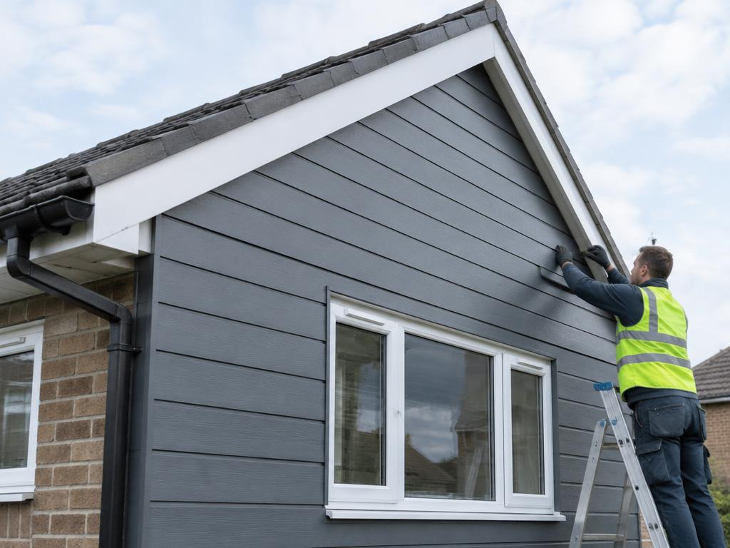 Grey cladding being fitted to a house gable
